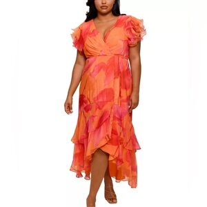 Xscape Plus 14W NWT Orange Pink Floral Maxi Dress Flutter Sleeve Tiered Ruffle